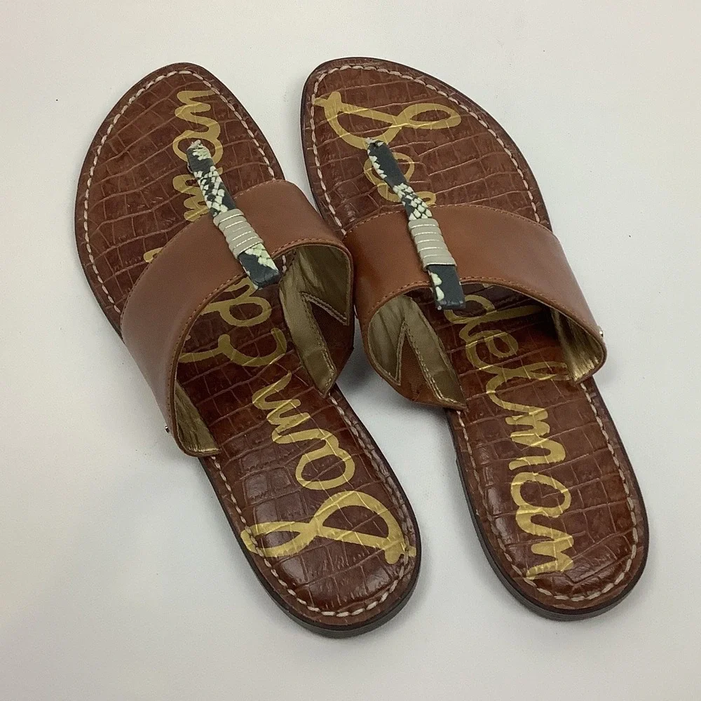 Sam Edelman Kaye Brown Leather Snakeskin Thong Sandals Womens 9.5M Flat Slides